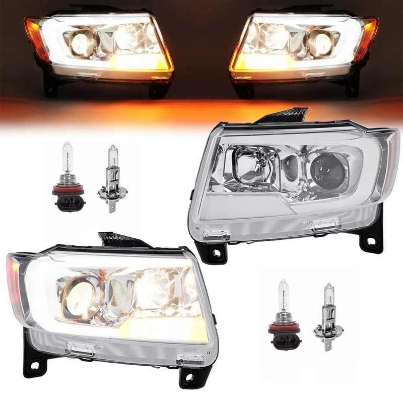 Pair Chrome For Jeep Grand Cherokee 2011 2012 2013 LED DRL Projector Headlights