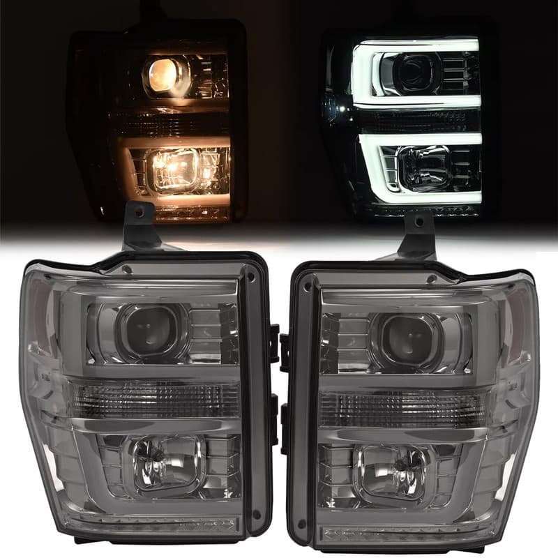 Fits Ford F250 F350 F450 F550 2008-2010 Black Smoke Projector Headlights LED Bar