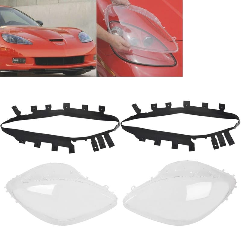Pair Headlight Headlamp Lens Cover Anti-UV with Gaskets For Corvette C6 2005-13