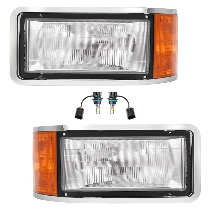 Headlights W/LED Bulbs Driver & Passenger For Mack CH600 CH613 Truck 1991-2006