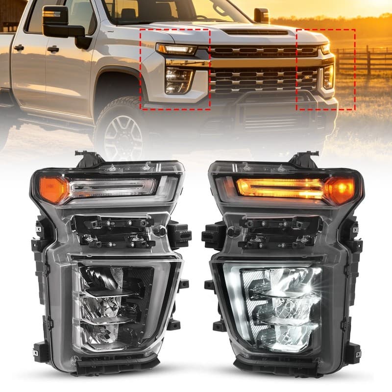 Pair LED DRL Headlight Assembly For Chevy Silverado 2500HD 3500HD 2020 -2023