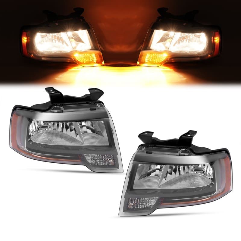 Halogen+LED Headlights For 2015 2016 2017 Ford Expedition W/Bulbs Reflector Pair